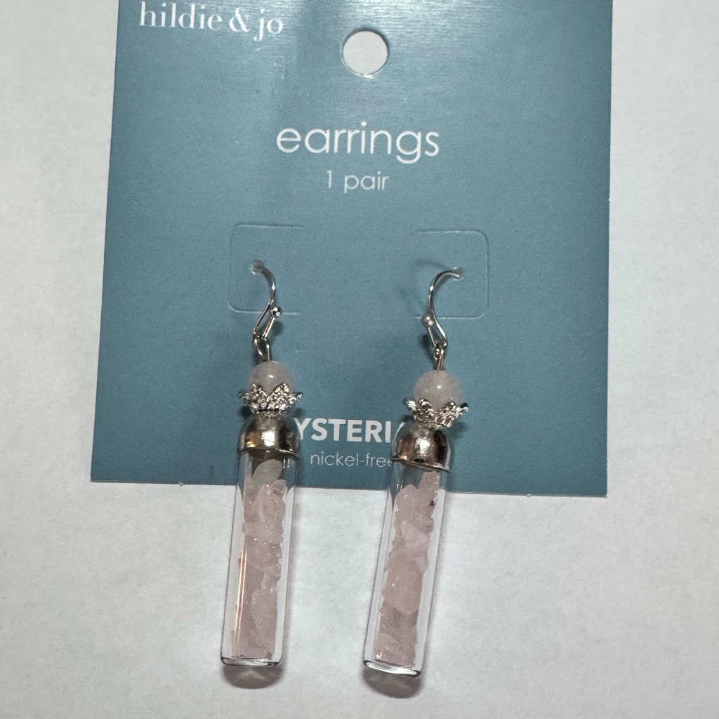 Hildie & Jo Silver Tone Glass Tubes Filled With Rose Quartz Chips Drop Earrings